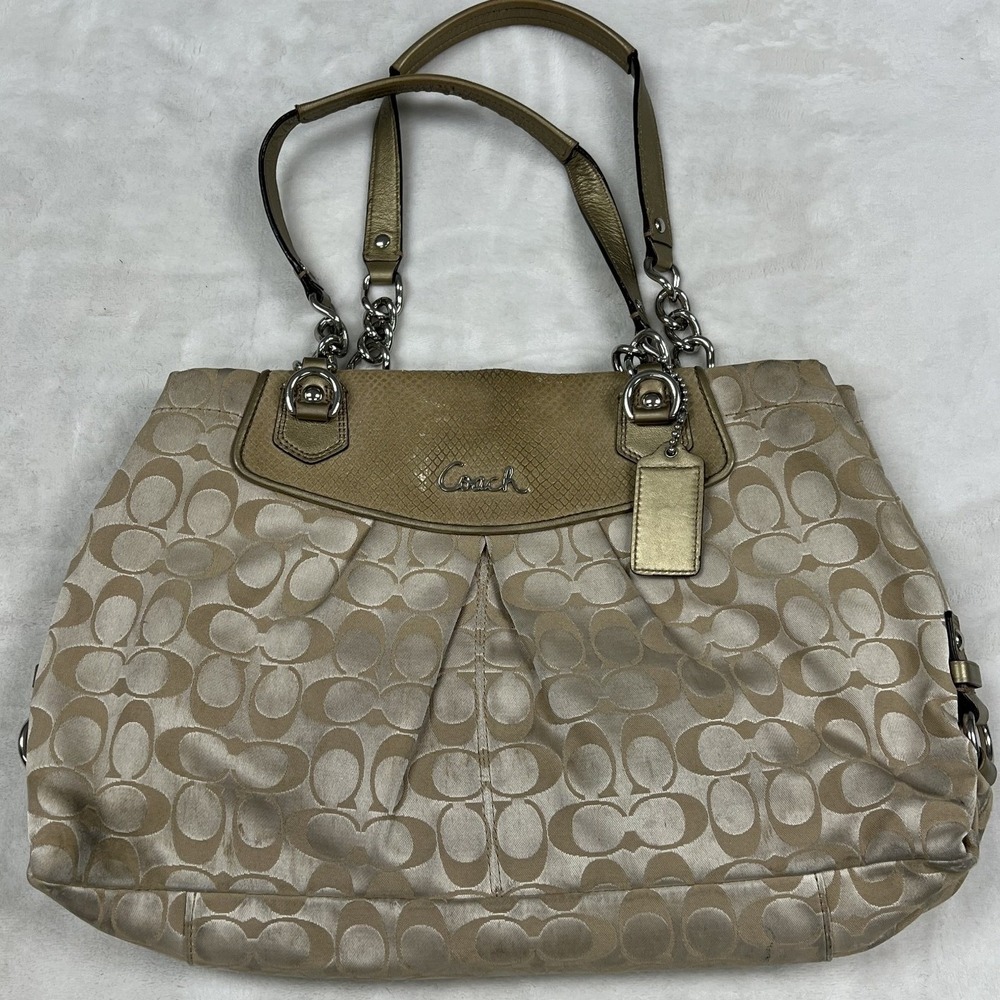 Coach Shoulder Bag Womens Large Gold Signature C Snakeskin Trim 15204
